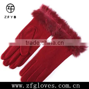 Ladies Wearing Sheep Wool Gloves With Rabbit Fur Cuffs thumbnail-1