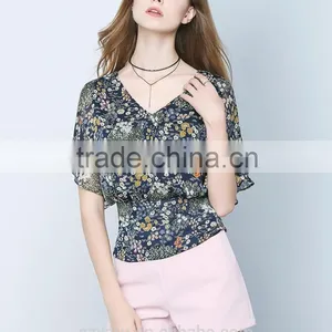 Latest Fashion Design Backless Chiffon V-neck Priting Slim Fit Shirts Ladies Tops thumbnail-1