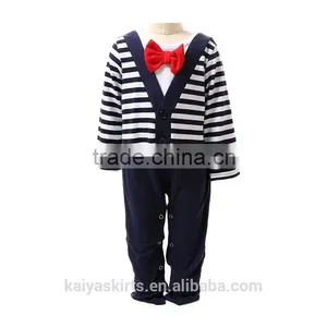 New Arrival Boutique Wholesale Unisex One Piece Navy Stripe Baby Overall Romper Long Sleeves thumbnail-1