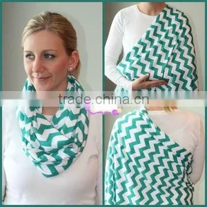 Cotton Spandex Knit White Ground Teal/White Chevron Infinity Breastfeeding Scarf thumbnail-1