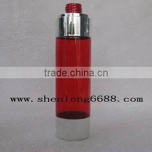Red PET Plastic Shampoo Bottle With Silver Plated Parts at Top and Bottom thumbnail-1
