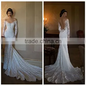v Neck Muslim Bridal Long Sleeve Lace Open Back Wedding Dress thumbnail-1