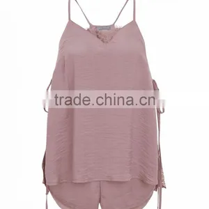 New Arrival Straps Nightwear Pink Sateen Eyelash Lace Pyjamas Set Vest and Shorts Casual Fit Sleepwear For Women thumbnail-6
