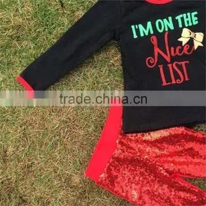 New Design Christmas Outfits Girl Baby Kids Wear "I'm on the Nice List" Red Sequins Pant With Matching Accessories Set thumbnail-3