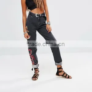 High Waist Jeans Embroidered Floral Sex Trousers Women Formal Shirt Trousers for Girls thumbnail-1