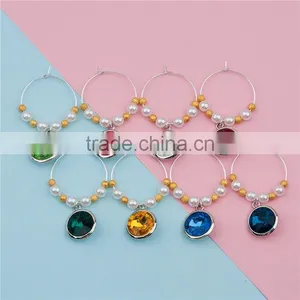 Glass Birthstone Hoop Earrings Gold Plated Acrylic Imitation Pearl Round At Random Rhinestone Wine Glass Charm For Party thumbnail-1