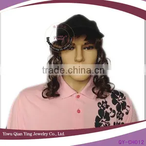 Black Cheap Baseball Cap With Wig thumbnail-1