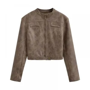 American INS High Street Retro Short Slim Motorcycle Jacket for Women in 2025 Autumn Vintage Color Leather Jacket and Suede Jacket thumbnail-2