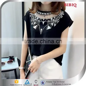 Latest Short Sleeves Hollow-out Embroidery Black Chiffon Blouse 2015 thumbnail-1