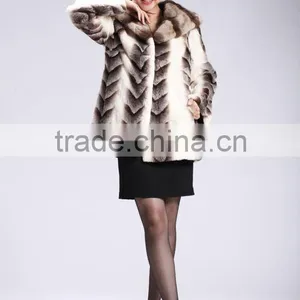 Embossed Rex Rabbit Fur Coat With Mink Hood thumbnail-1