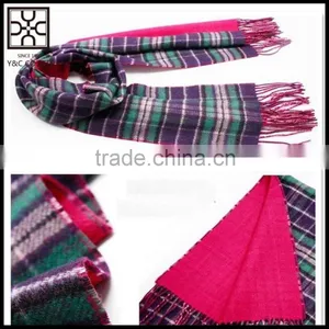 2015 Solid Color Checked Double Sided Wool Scarf With Fringe thumbnail-2