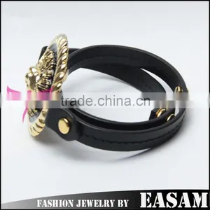 Gold/Black Lion Head Leather Button Bracelet thumbnail-2