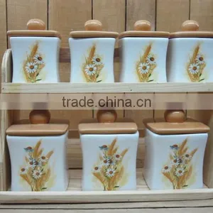 European Unigue White Ceramic Canister Sets With Wooden Stand thumbnail-1