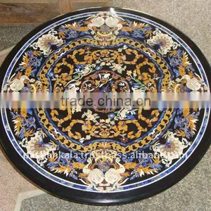 Black Marble Inlay Dining Table Top, Round Marble Inlay Table thumbnail-1
