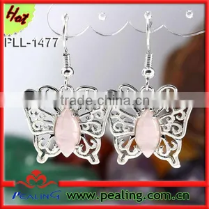 Charm Silver Plated Rose Quartz Stone Crystal Butterfly Shape Stone Fashion Dangle Costume Earrings thumbnail-1