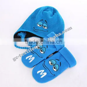 2015 New Product China Manufacturer CUSTOM LOGO OEM Winter Acrylic Baby Cartoon Warm Winter Set Beanie Hat Gloves thumbnail-4