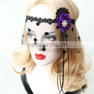 Sexy Lady Black Hollow Lace Mask,Dot Tulle Veil,Lace Flower Headband thumbnail-2
