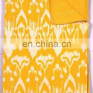 Yellow Ikat Queen Kantha Quilt Ikat,Indian Sari Queen Bedding Blanket thumbnail-2