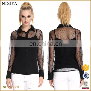 Factory Price Cheap Embellished Blouse, Black Mesh Blouse , Sexy See-through Blouse For Ladies thumbnail-2