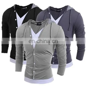 New Fashion Mens V Neck Long Sleeve Slim Fit Hooded Casual T-Shirt Tops Tee Shirts thumbnail-1
