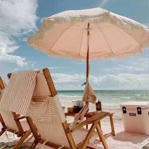 Wholesale 7FT Fringe Beach Umbrellas Outdoor Patio Umbrella OEM Customized UPF50+ Polyester With Aluminum Pole Windproof thumbnail-5
