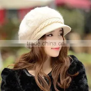 4 Colors Available Warm Knit Winter Wool Rabbit Fur Women Hat Beret Stock thumbnail-1