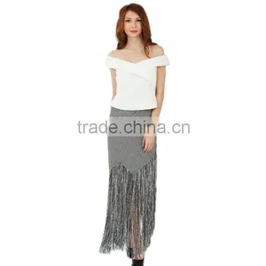 Long Tassels for Clothing Skirt Grey and White Checked 2 Pieces Twinset Dress Patterns Top Sweetheart Tight Dresses thumbnail-2