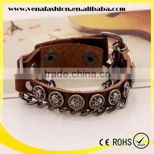 Skull Chain Thick Women Leather Bracelet, Blank Leather Bracelets thumbnail-1