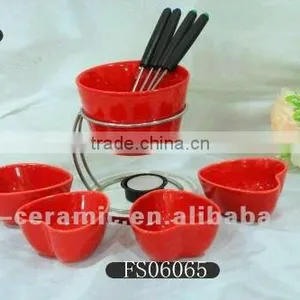 Red Fondue Set Chocolate,cheese Fondue Set,fondue Set With Wooden Base,chocolate Fondue Ceramic thumbnail-1