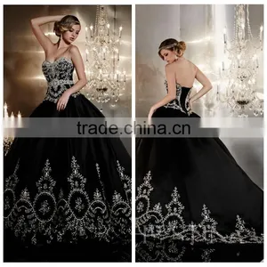 Puffy White Lace Ball Gown Satin Sleeveless Black Wedding Dress thumbnail-1