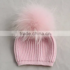 Myfur Wool Knitting Hat With Removable Pink Color Raccoon Fur Pom Pom Attached thumbnail-1