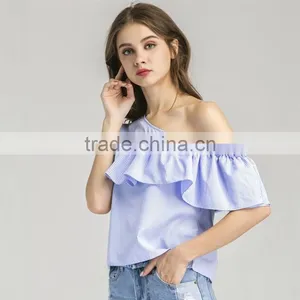 HOT Style Plaid Flouncing Short Sleeve, Women Sexy One-shoulder Blouse thumbnail-3
