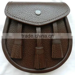 New Scottish Brown Three Tassel Leather Sporran For Kilt With Chain Belt thumbnail-2
