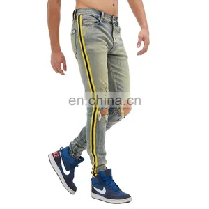 DiZNEW Men's High Stretch Striped Ripped Blue Skinny Side Jeans Man thumbnail-1