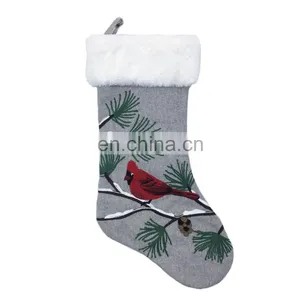 Wholesale Decorative Gray Herringbone Embroidery Linnet and Pine Branches Christmas Socking for Christmas thumbnail-1
