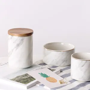 Nordic Fashion Hand Made Marble Ceramic Seal Storage Pot Canisters With Cover For Coffee Tea Candy thumbnail-1