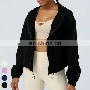 Drawstring Hoody Loose Casual Running Coat Zipper Sports Jackets Long Sleeve Gym Fitness Hooded Wear Yoga Jacket For Women thumbnail-3