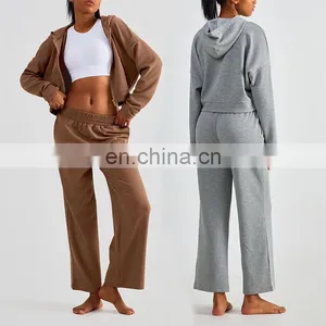 OEM & ODM Ladies Jogging Sweatsuit Waffle Wide Leg Pants Two Piece Sets Workout Training Women Sports Tracksuit Gym Fitness Set thumbnail-1