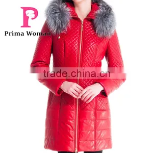 Used Long Winter Women Medium Length Leather Jacket With Brown Fox Hat Overcoat thumbnail-6