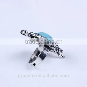 New Hot Tibetan Silver Blue Turquoise Gem Rhinestone Crystal Tortoise Finger Ring Jewelry Wholesale thumbnail-3