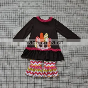 New Coming Brown Turkey Top Matching Orange and White Chevron Pants Thanksgiving Baby Clothes thumbnail-6