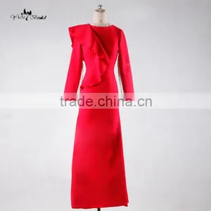 J--00103 Red Long Sleeve Muslim Evening Dress Customized Tassles o Neck Evening Gown thumbnail-1