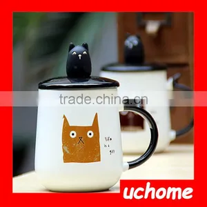 UCHOME Cat Design Ceramic Couple Mugs With Spoon And Lid thumbnail-4