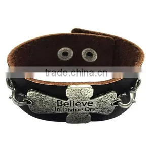 Words Engraved Leather Bracelet,genuine Leather Cross Bracelets,punk Style Wide Bracelets thumbnail-2