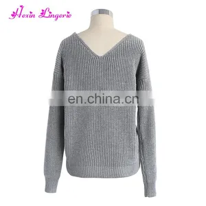 New Arrival Sexy Gray v Neck Ladies Fancy off Shoulder Custom Knitted Cashmere Sweater thumbnail-4