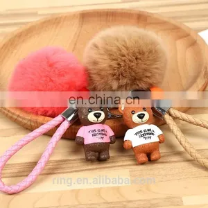 Rabbit Fur Ball WIth Bear Pendant Pom Pom Keychain With Leather Cord thumbnail-2