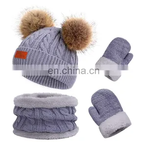 3Pcs Kids Winter Knitted Hat Scarf Gloves Set With Warm Fleece Lined for Children Girls Boys of 1-3 Years thumbnail-5