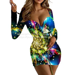 Fashion Lapel Solid Color Zipper High Waist Deep V Long Sleeve Dress thumbnail-3