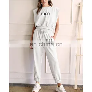 Fashion Cotton Sleeveless Crop Top Matching Jogger Pants Sportswear Yoga Set Loose Casual Gym Fitness Women Running Clothing thumbnail-1