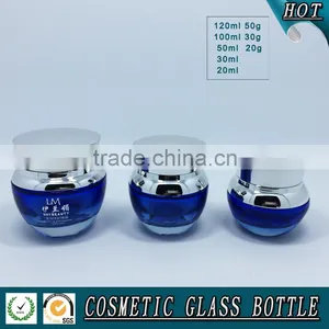 Cosmetics Packaging Bule Colored Glass Pump Bottle and Glass Cosmetic Jar thumbnail-3